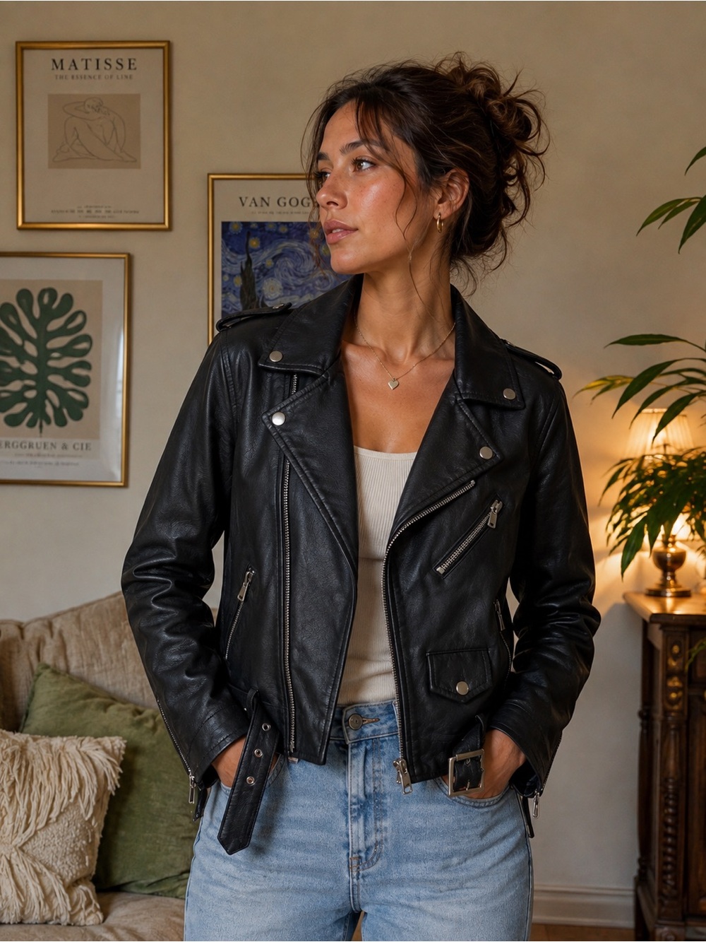 Women's Black Cropped Faux Leather Moto Jacket with Belt NWT size 2